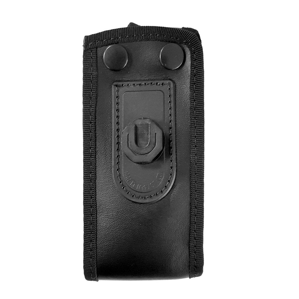 Rear view of leather radio case with Klick fast stud on a white background