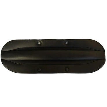 Black headphone cushion unfolded showing two set of poppers for fastening to DT100 headband on a white background