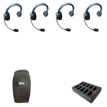Eartec UltraLITE HD theatre intercom wireless headsets 4 users 10 slot charger SKU UL4S — Eartec single sided wireless headsets with carrying case and charging station