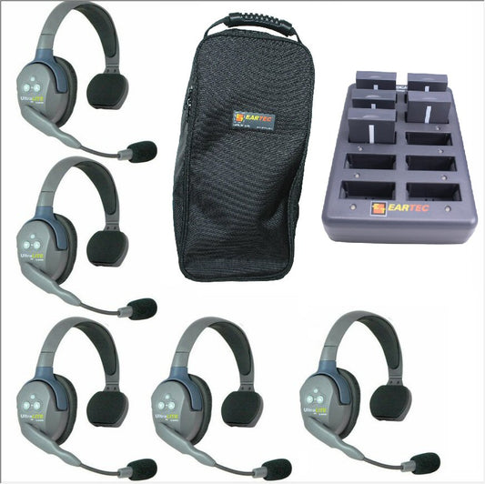Eartec UltraLITE HD wireless headsets SKU UL5S — set of five wireless single sided headsets with carrying case and charger with batteries