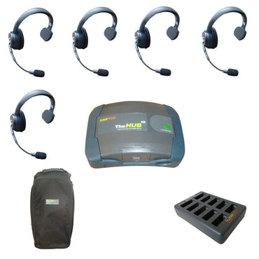 Eartec UltraLITE HD theatre intercom wireless hub comms 5 users SKU HUB5S — Eartec set of 5 wireless UltraLITE headsets and communication hub with carry bag and charger