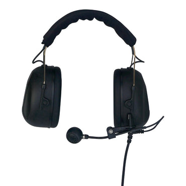 Swatcom broadcast camera headset full cup split ear XLR5M SKU AK5850H-XLR5M — All black camera headset with boom microphone and noise defending ear shells