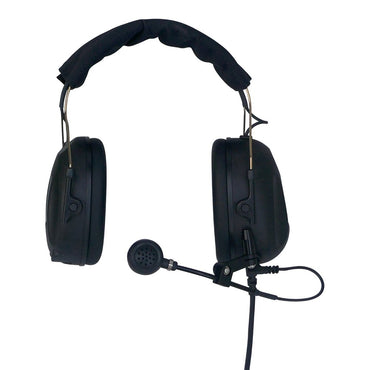 Swatcom broadcast camera headset monocular viewfinder split ear XLR5M SKU SC33-H-XLR5 — Ear defending black camera headset with microphone with one full earcup and one chamfered earcup