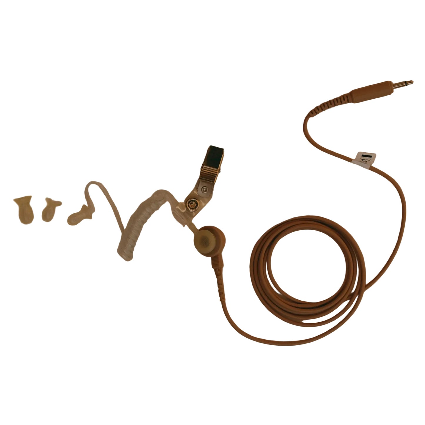 Telex beige announcer set CES-2 complete with 3.5mm jack SKU F01U118419 — Telex TV presenter earpiece kit with acoustic tube earpiece, collar clip and straight grey 3.5mm jack lead