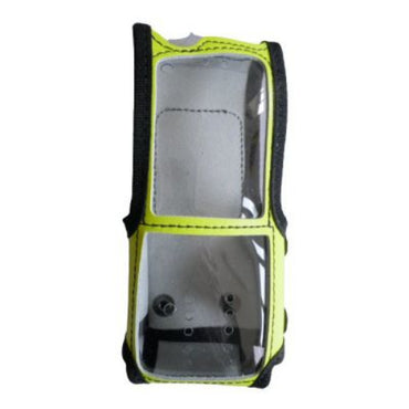 Sepura Klick Fast high visibility yellow leather case for SC20 SKU RSC20SIDEYP1KF — Front view of high visibility yellow leather radio case with clear front panel