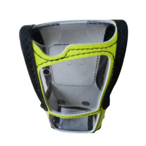 Sepura Klick Fast high visibility yellow leather case for SC20 SKU RSC20SIDEYP1KF — Top view high visibility yellow leather radio case with clear vinyl cover for a Sepura radio