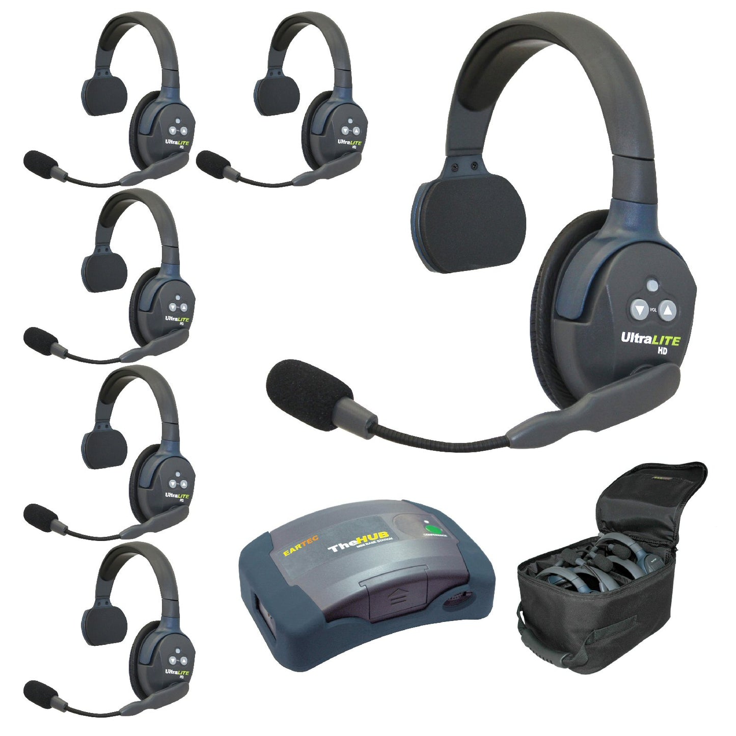 Set of Eartec 6 user communication headsets with a HUB receiver and carrying case on a white background