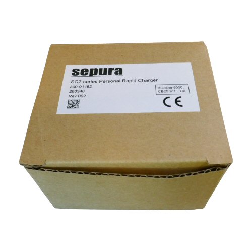 Sepura SC2 personal rapid charger PRC for SC20 SC21 SC23 TETRA radio UK SKU 300-01462-UK — Retail box with Sepura branding and product details