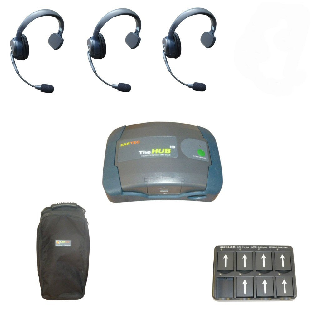 Set of three Eartec wirless single sided headsets, a hub device, a carrying case, and a control panel on a white background.