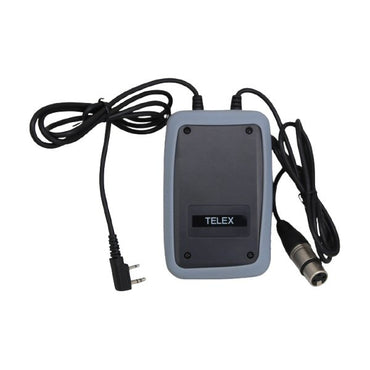 Eartec wireless intercom interface with Telex label and two flying cables on a white background