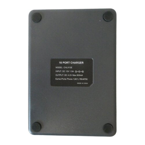 Eartec UltraLITE battery charger 10 slot SKU CHLX10E — Bottom face angled view of grey moulded Eartec battery charger with 4 button shape legs one in each corner