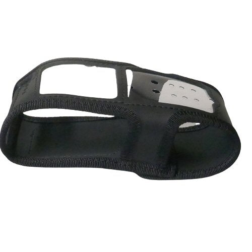 Side view Front view Klick Fast black leather tetra radio case with clear PVC panels and cut-outs on a white background