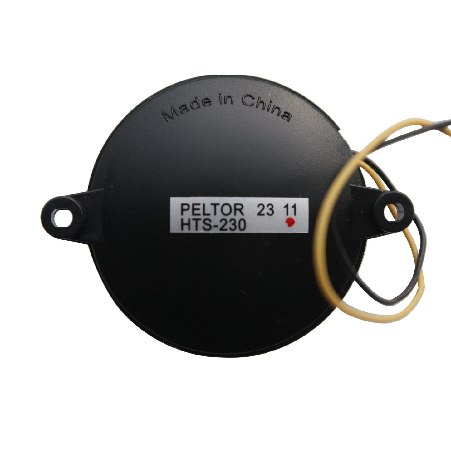 Peltor HTS-230 round black loud speaker housing with two fixing points and a black and yellow cable - rear view