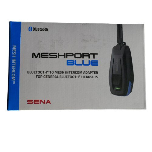 SENA Meshport Blue Bluetooth to mesh intercom adapter retail packaging SKU SENA-MP-02 — SENA MeshPort Blue for general Bluetooth headsets