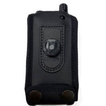 Klick Fast case for Motorola MXP600 SKU RMXP600P1KF — Front view of a Klick Fast black leather tetra radio case with clear PVC panels and cut-outs
