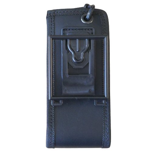 Motorola MTP3250 and MTP3550 Klick Fast case with docking stud SKU RMTP3250P1KF — Rear front view of a Klick Fast black leather tetra radio case with clear PVC panels and cut-outs
