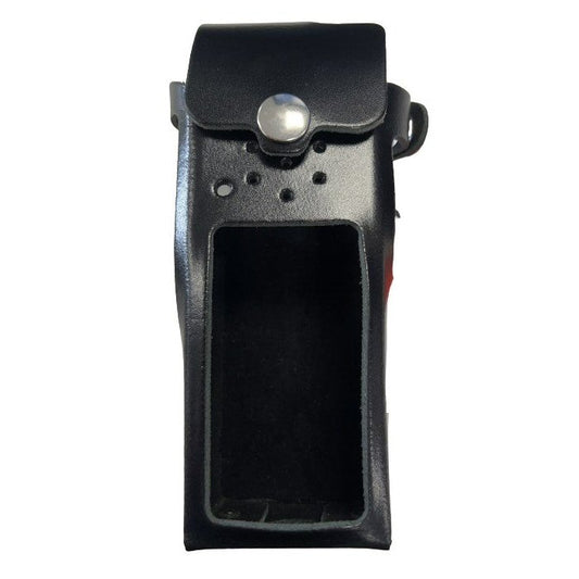 Klick Fast case specifically for Motorola DP4801e radio SKU RDP4801EXP2LFISKFNOD — Black leather radio holster with a silver popper