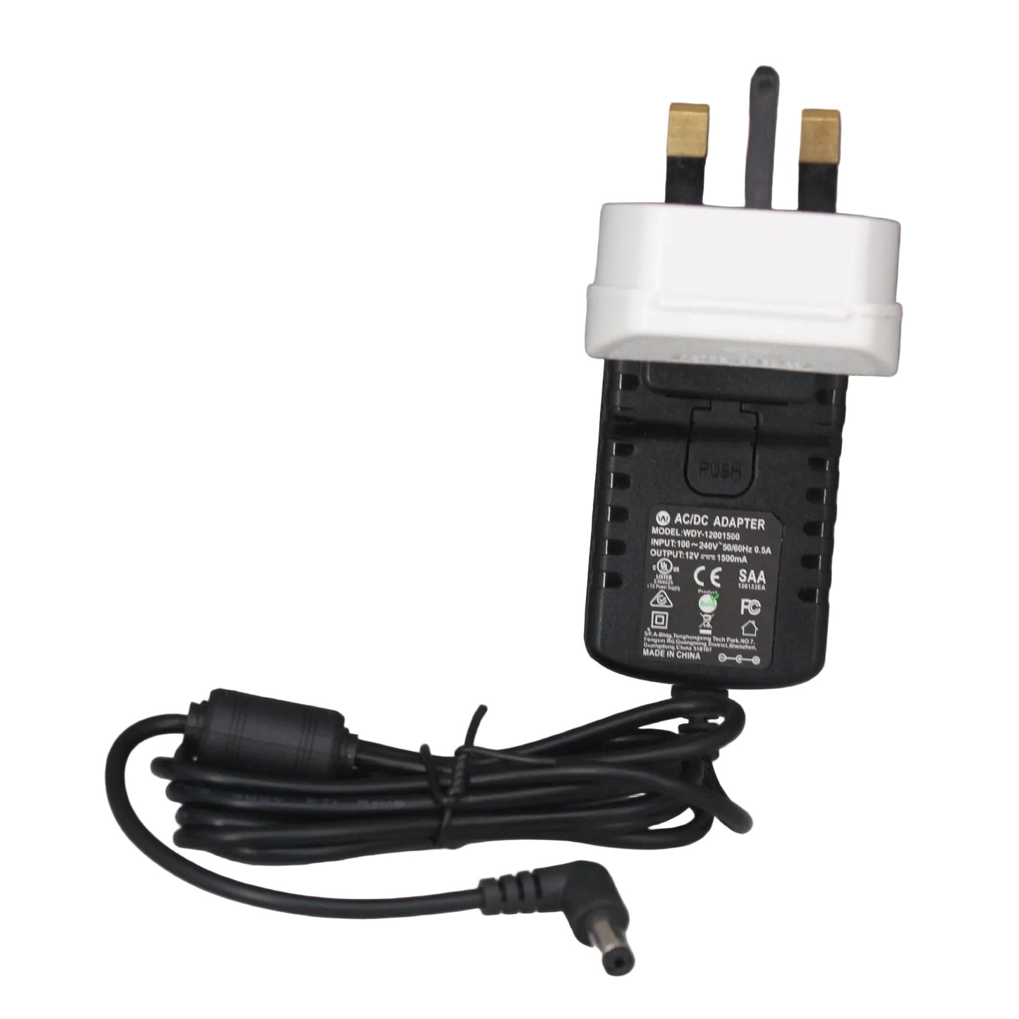 AC/DC power adapter for 10 slot charger SKU CHUL10 — Eartec black power adapter with UK plug shows tech specs