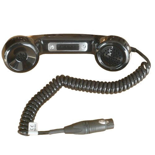 Telex HS-6A Black Intercom Telephone Handset with PTT and XLR4F — vintage-style phone receiver and long PTT switch with coiled cord and XLR4F connector on a white background