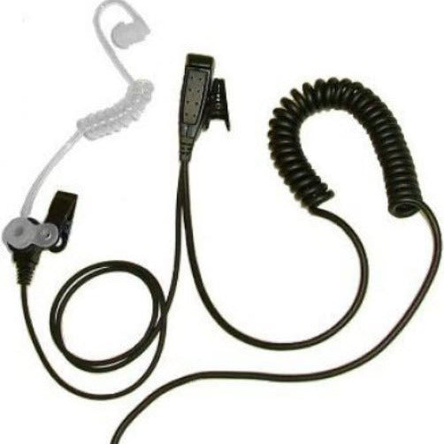 Motorola TLK-100 BG 1 Wire Acoustic Tube Earpiece and PTT BG-M11 — combined 1 wire headset with black cable including a short coiled section leading to a microphone PTT unit and a clear acoustic tube earpiece on a white background