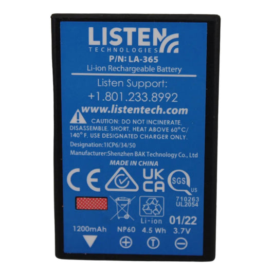 Listen Technologies battery with blue label and black border SKU LA-365