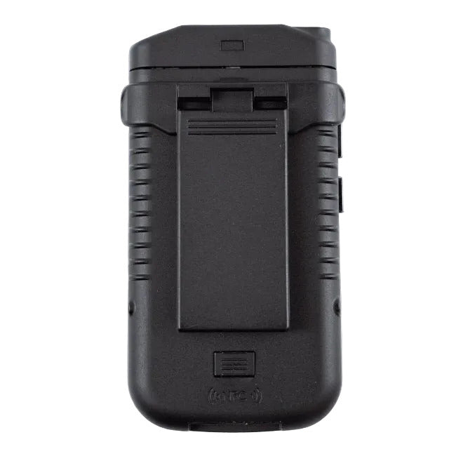 LKR-12 Basic Receiver - black ListenTalk receiver with sprung belt clip on a white background - rear view