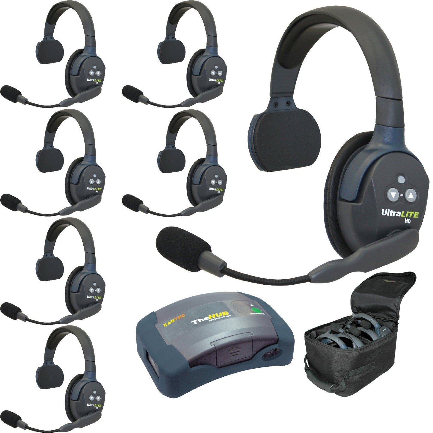 Collection of seven UltraLITE HD single sided wireless headsets and receiver on a white background HUB7S