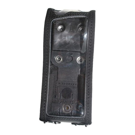 Black leather Sepura radio case with clear vinyl front cover on a white background