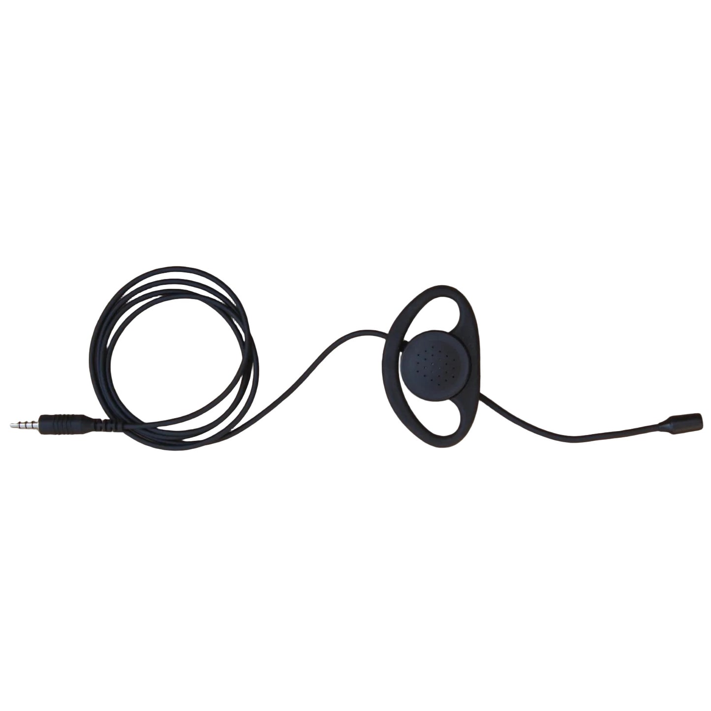 Listen Technologies black ear speaker with boom microphone and straight black cable terminated in a four pole mini jack LA-451