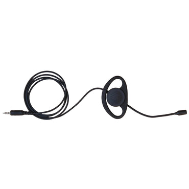 Listen Technologies black ear speaker with boom microphone and straight black cable terminated in a four pole mini jack LA-451