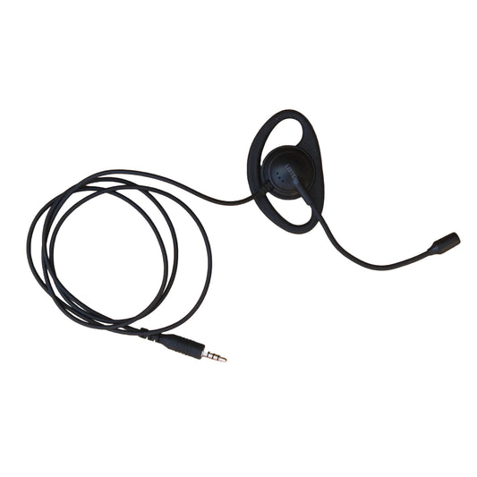 Listen Technologies black ear speaker with boom microphone and straight black cable terminated in a four pole mini jack LA-451