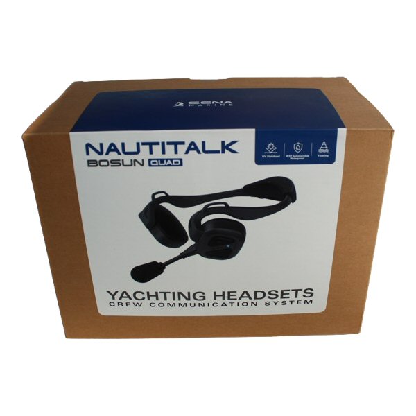 Sena Bosun YACHTING Headsets Dual Pack SENA-NTT-BOS-01D — Sena retail Brown Box with label showing image of a headset with text Yachting Headsets Nautitalk Bosun Quad Pack on a white background
