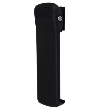 TR80 TR82 Sprung Belt Clip — slightly angled front view of a black molded Spring Action Belt Clip back for TR80 and Tr82 beltpacks on a white background