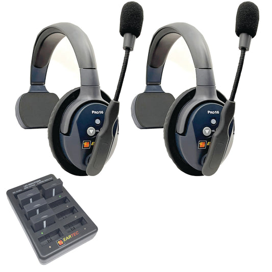 Eartec PRO16 Wireless Intercom System 2 Users ETP2S — Eartec two sets of single sided wireless headsets with a charging unit on a white background