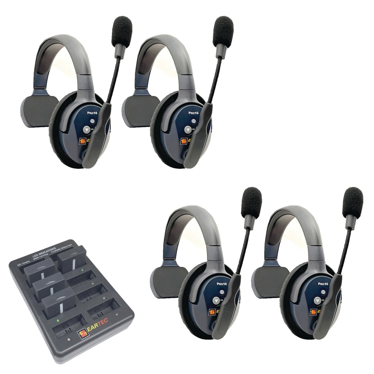 Eartec UltraLITE PRO16 Wireless Intercom System 4 Users ETP4S — four sets of single sided wireless headsets with a charging case on a white background