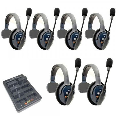 Eartec UltraLITE PRO16 Wireless Intercom System 6 Users ETP6S — Eartec Pro16 set of six wireless communication headsets with microphones and a battery charger on a white background