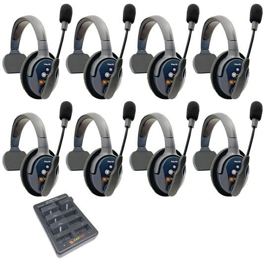 Eartec UltraLITE PRO16 Wireless Intercom System 8 Users ETP8S — eight sets of single sided wireless communication headsets with microphones on a white background