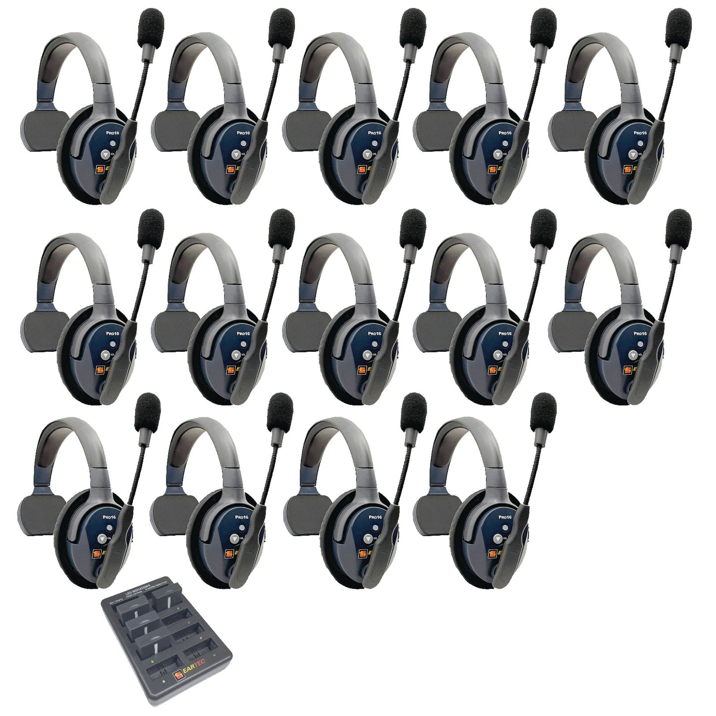 Eartec UltraLITE PRO16 Wireless Intercom System 14 Users ETP14S — fourteen wireless communication headsets single sided with microphones arranged in a grid on a white background