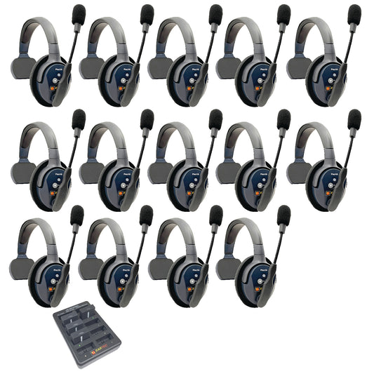 Eartec UltraLITE PRO16 Wireless Intercom System 14 Users ETP14S — fourteen wireless communication headsets single sided with microphones arranged in a grid on a white background