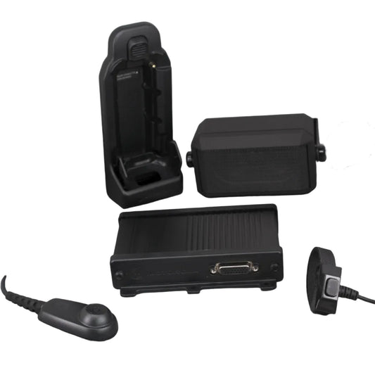 Motorola GM0368A five component products of a Car Kit including a radio holder, loudspeaker and interface unit for a MXP600 portable radio