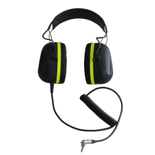 Black AK6767H over-ear communication headphones with bright neon yellow-green side stripes and a coiled black cable with 3.5mm right angle jack