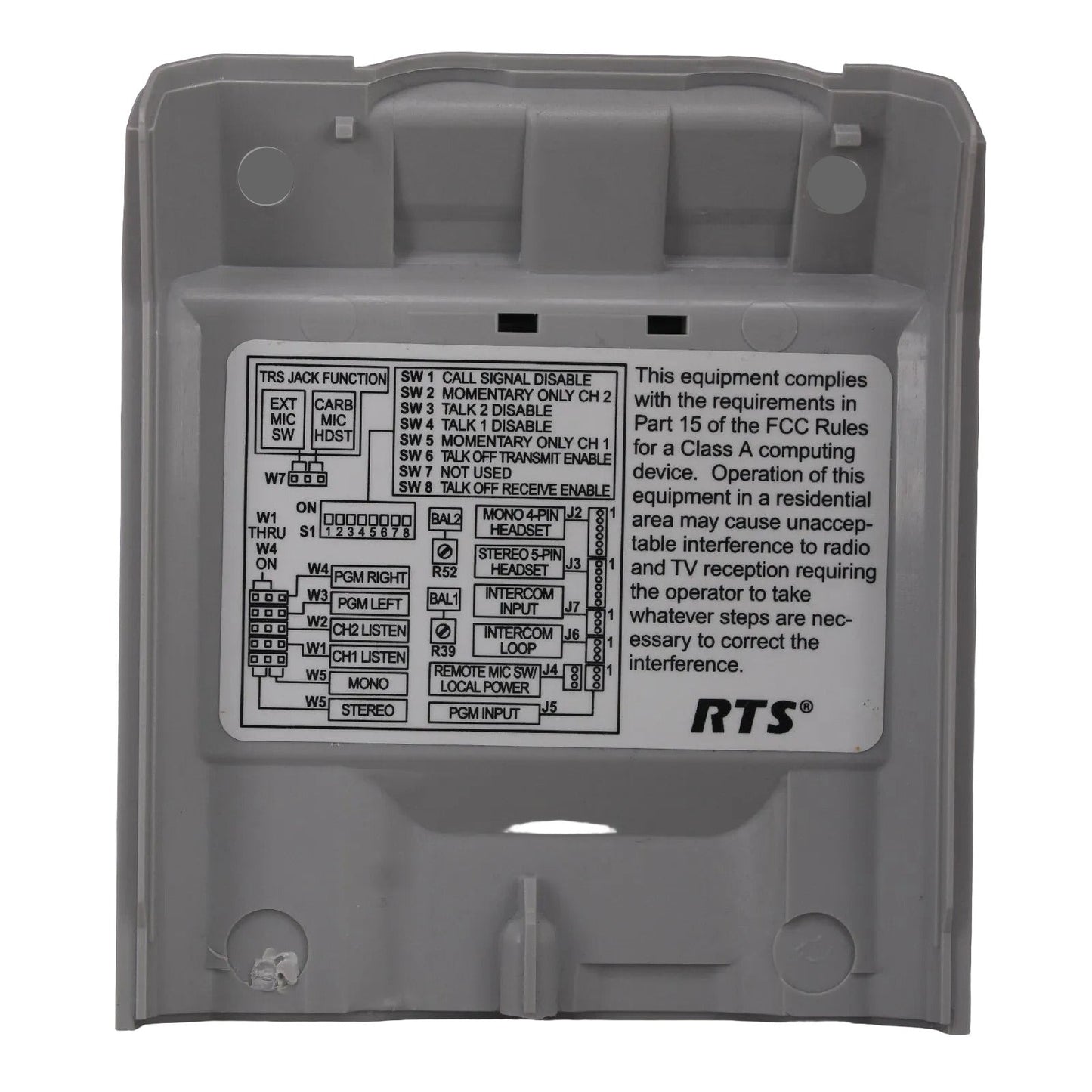 Telex RTS BP325 grey rear case panel with sprung belt clip SKU F01U112908 — internal face with settings guide view
