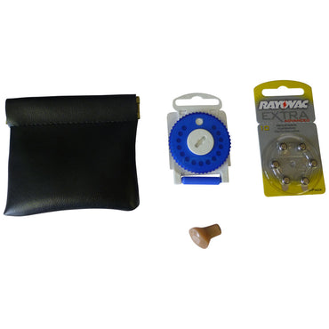 Assorted earbud components including a black pouch, blue and white gear-like component, and Rayovac packaging on a white background.