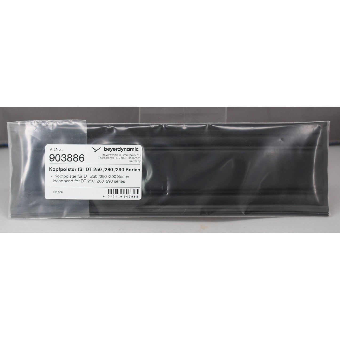 Beyerdynamic retail pack containing black rectangular unfolded headband cushion SKU 903886
