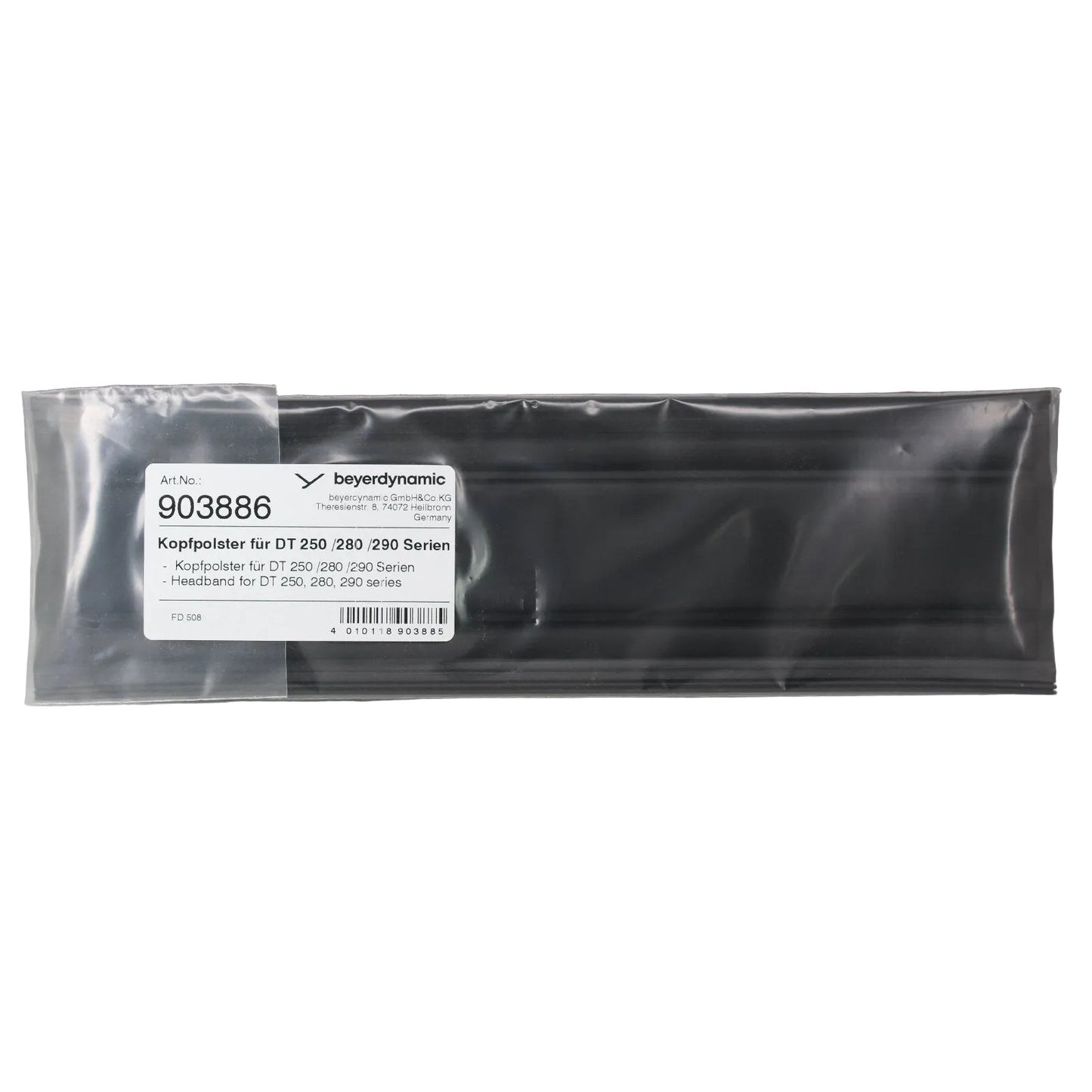 Beyerdynamic retail pack containing black rectangular unfolded headband cushion SKU 903886