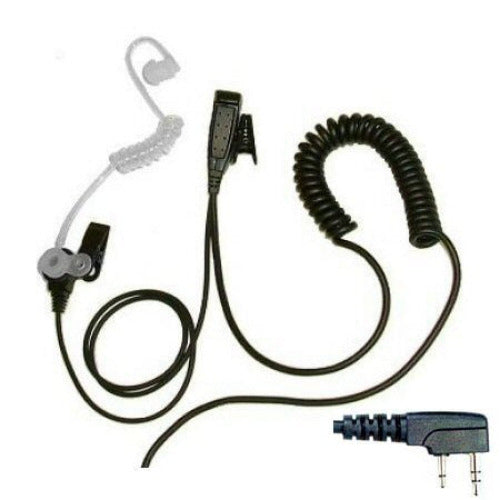BG Kenwood 2-pin 1-wire acoustic tube earpiece set SKU BG-K1 — black moulded two pin radio connector including a short coiled section leading to a microphone PTT unit and a clear acoustic tube earpiece set