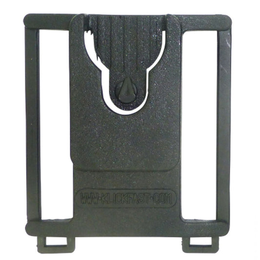 Black Klick Fast bracket with 50mm height side entry and exit buckle loops for slipping onto a Utility belt shown on a white background
