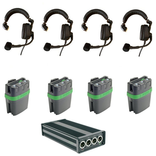 TSS-3 Starter Set of communication headsets and Tecpro beltpacks with Altair intercom PSU on a white background
