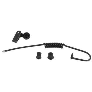 Black Coiled Acoustic Tube Earpiece with collar clip and black earbuds on a white background BG-TUBE-BLK