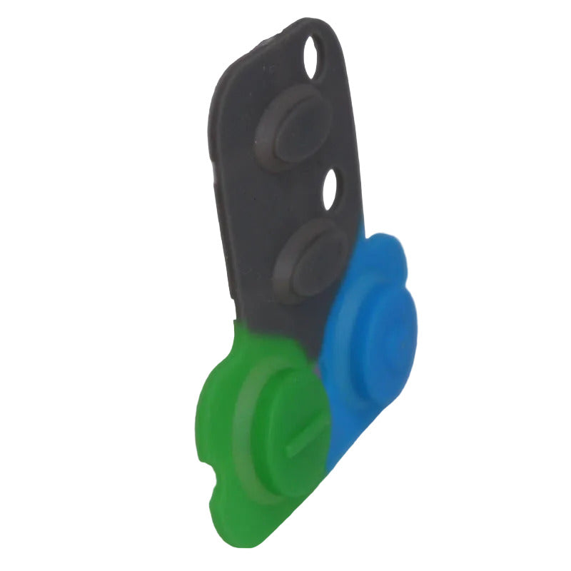 Telex TR82-N molded keypad SKU F01U227586 — silicone button cover with green and blue accents side view to show item depth